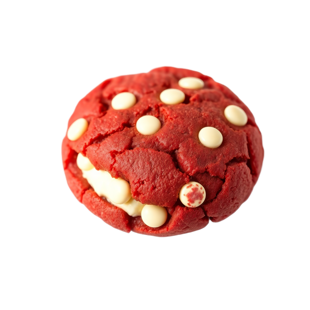 red velvet cookie with white chocolate chips and cream cheese filling, isolated on transparent background
