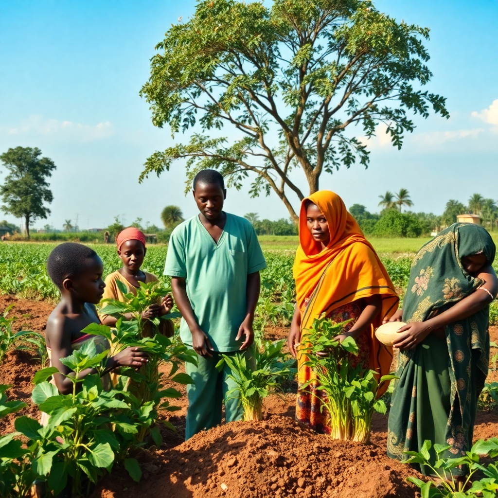 Nigerian community development project, people working together, sustainable agriculture, environmental protection, empowerment, photorealistic