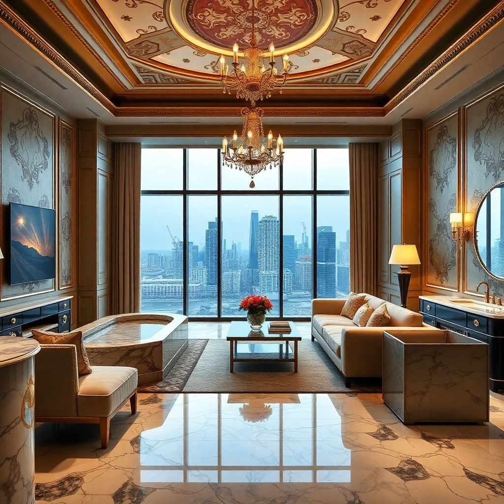 luxury hotel presidential suite with opulent decor, grand living room, marble bathroom, skyline view, ultra luxurious