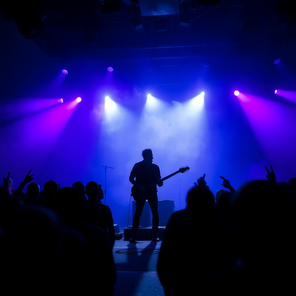 electric guitarist on stage dramatic purple blue stage lighting