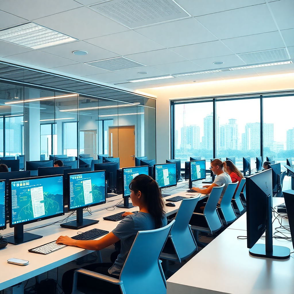 modern computer lab with students coding, multiple monitors, contemporary design, bright lighting
