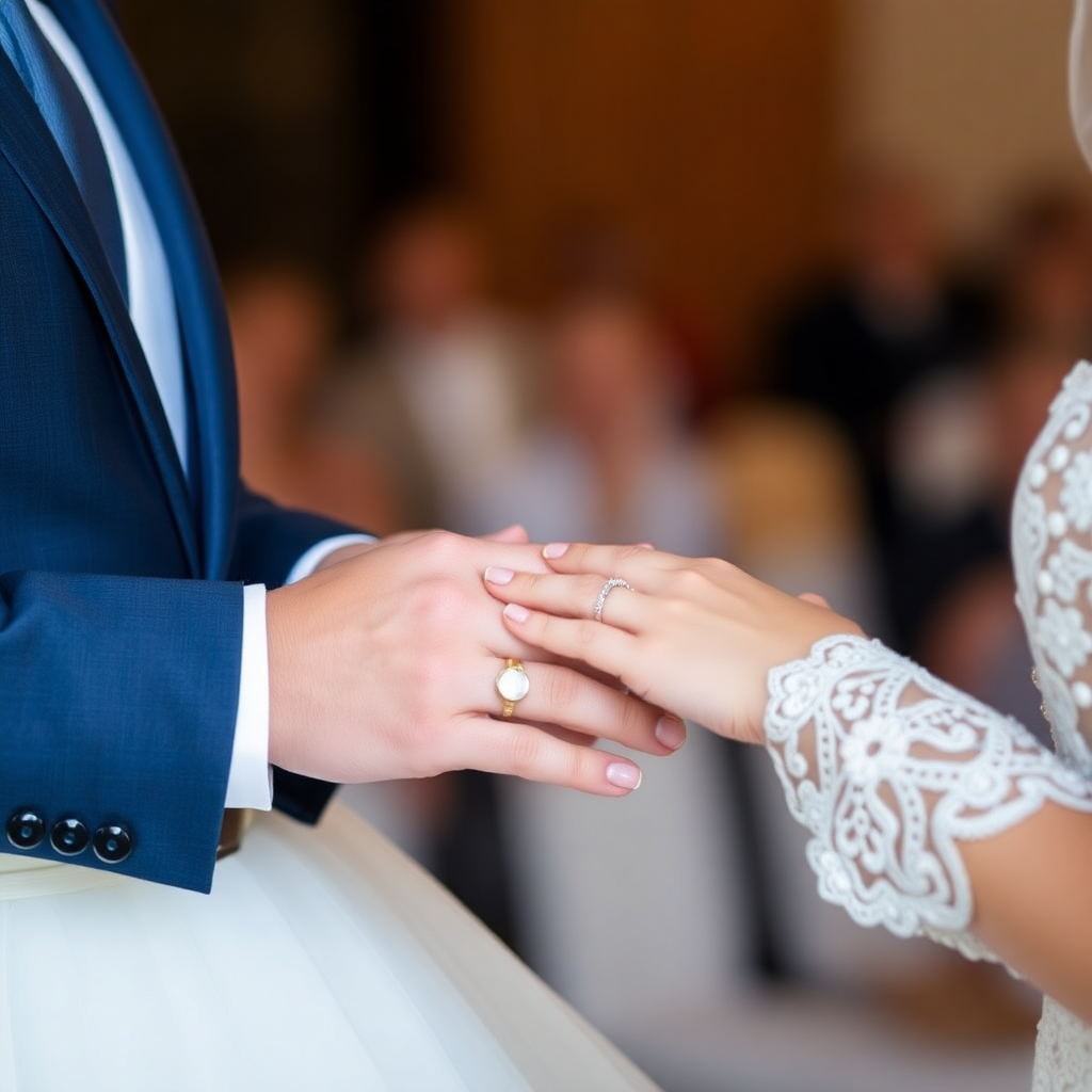 groom putting ring on bride finger ceremony closeup