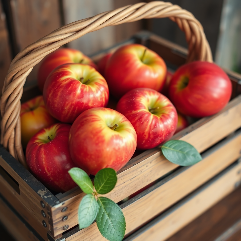 fresh red apples basket rustic wooden crate farm