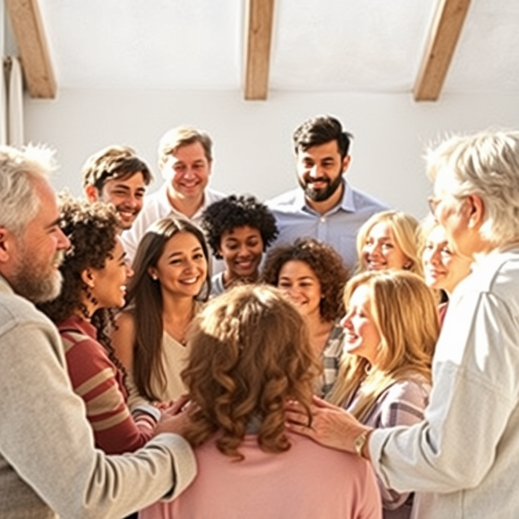 Diverse group of people in supportive circle, warm compassionate atmosphere, soft natural lighting, watercolor style, inclusive and welcoming, gentle earth tones