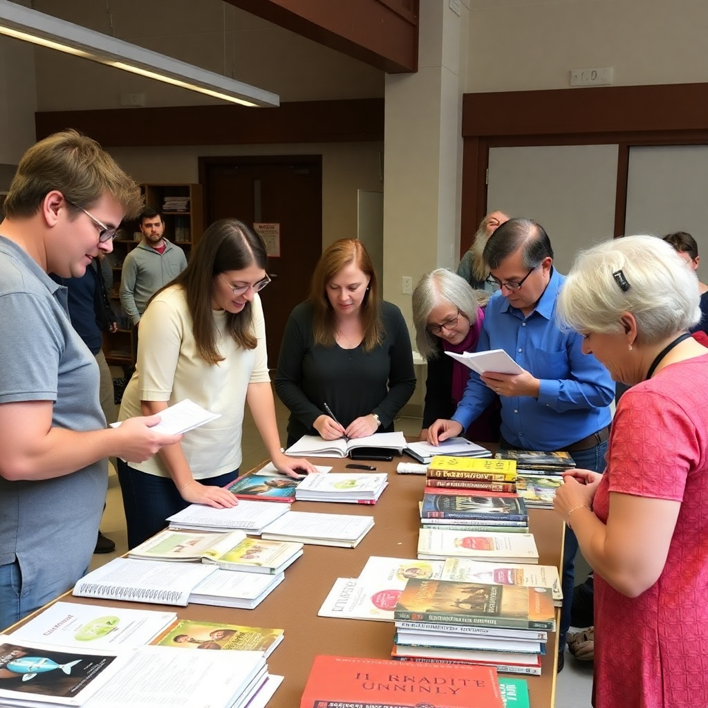 community education workshop, people learning together, books and materials on table