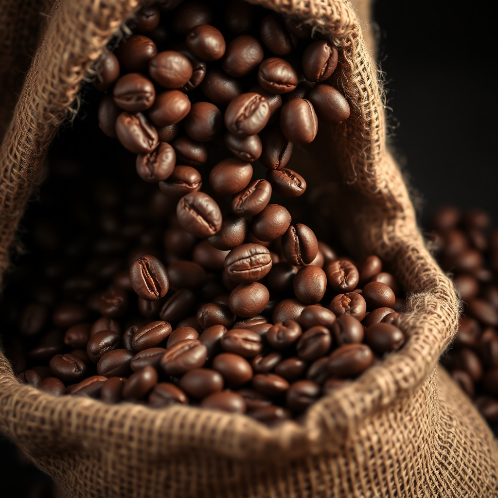 Freshly roasted coffee beans falling into a burlap sack.