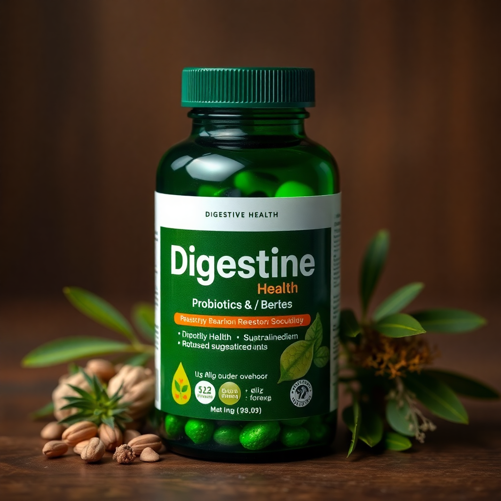 digestive health supplement with probiotics and herbs, green bottle, professional product photography