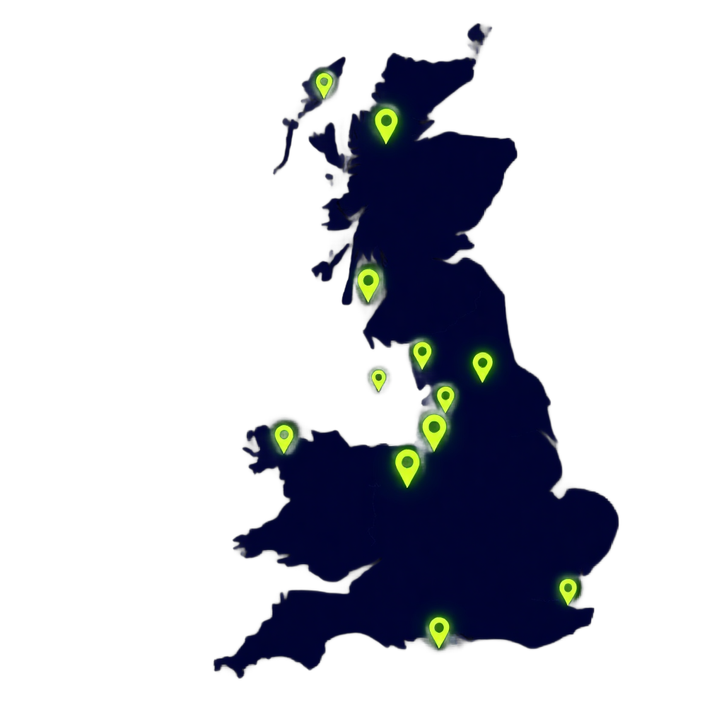 Stylized map of the United Kingdom in dark navy blue, with several glowing neon green location pins scattered across major cities