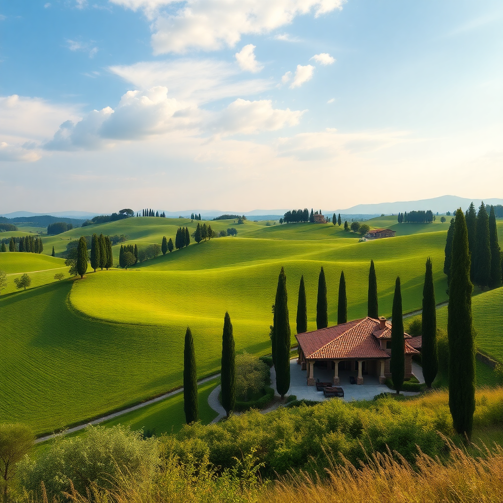 Tuscany rolling hills with cypress trees, luxury villa retreat center