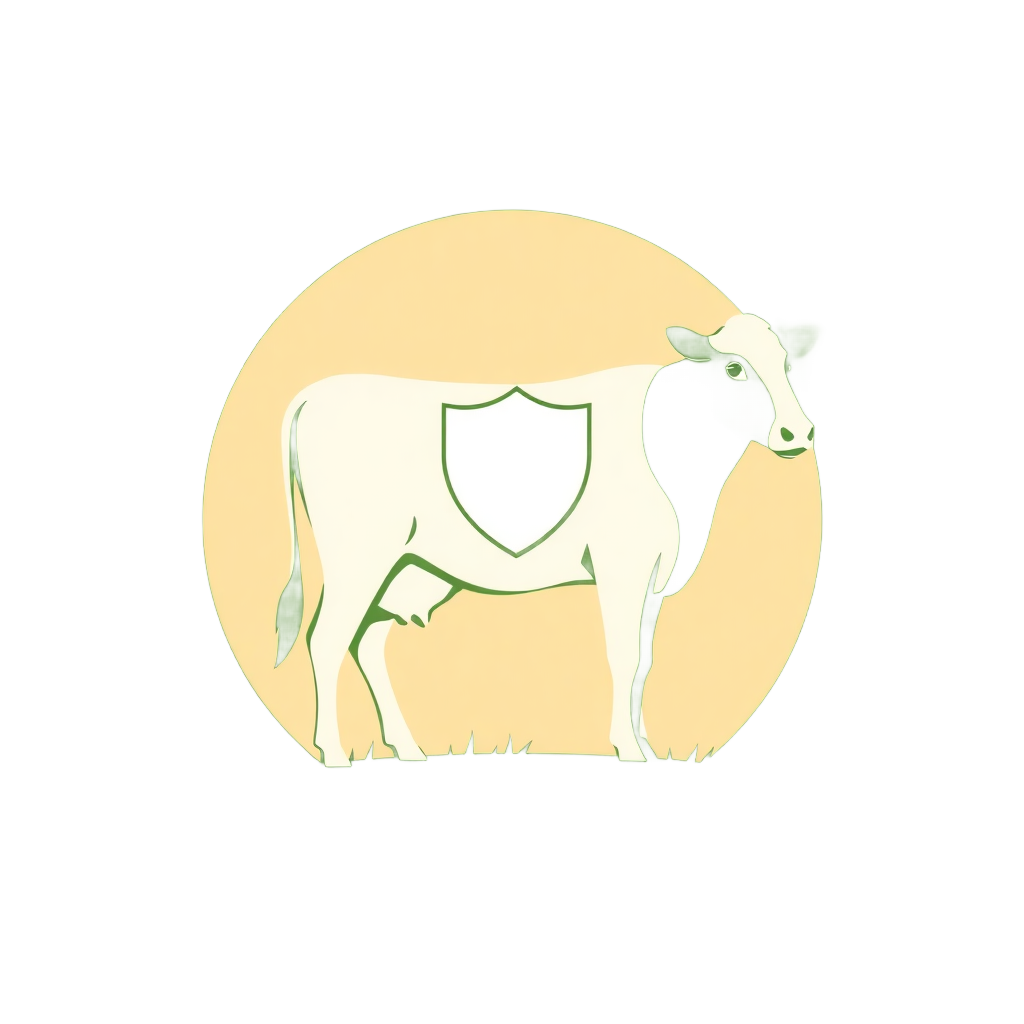 Minimalist vector style illustration of a healthy cow silhouette with a shield icon, agricultural theme, green and cream colors
