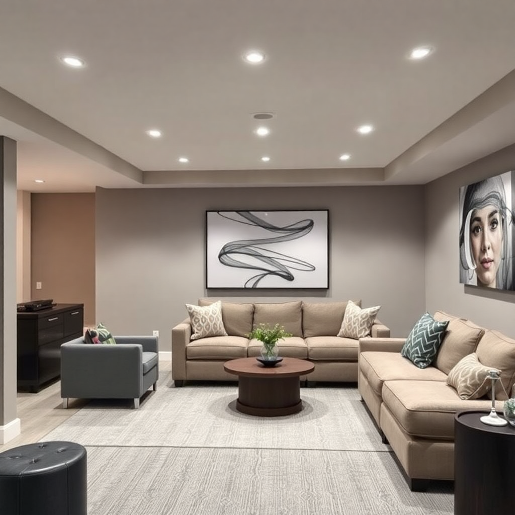 modern finished basement renovation with comfortable seating area