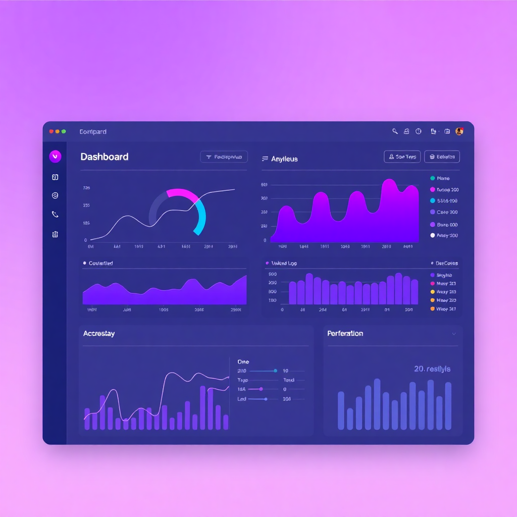 modern dashboard interface with graphs charts and analytics data visualization, clean UI design, purple and blue gradient theme