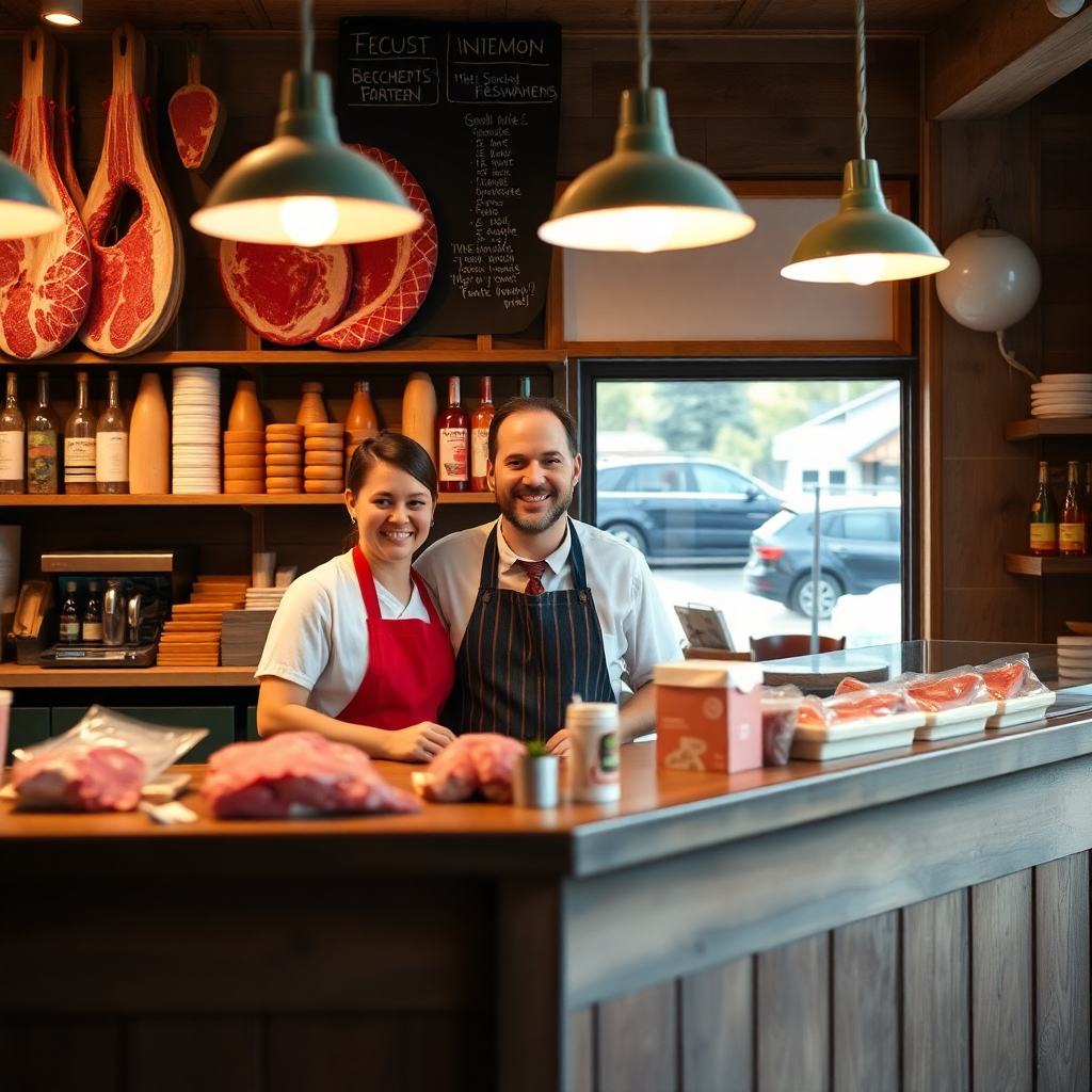 friendly butcher shop staff behind counter smiling warm inviting small town atmosphere
