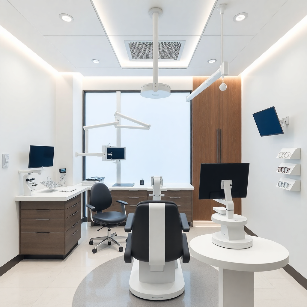 modern optometry clinic interior with advanced equipment, clean minimal design, luxury finishes
