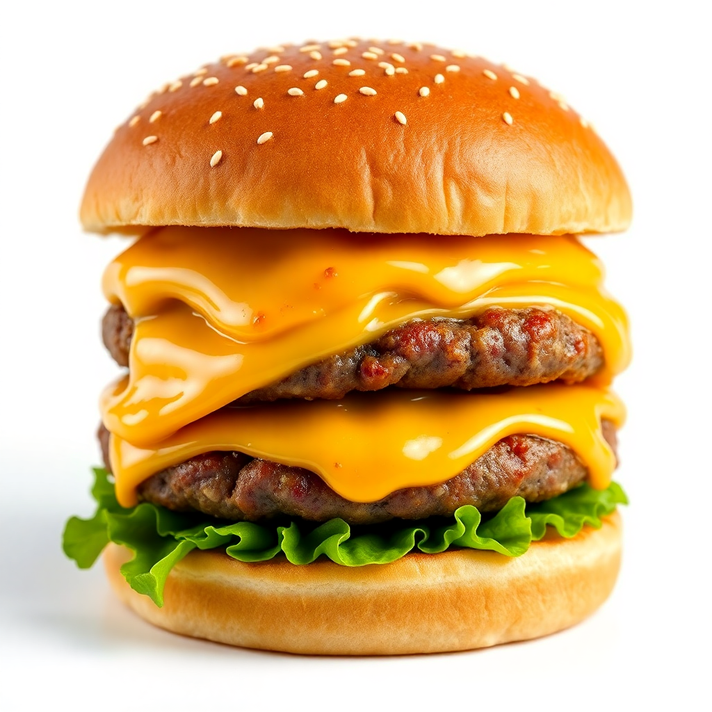 juicy double cheeseburger with melting cheese and sesame bun, studio food photography, white background