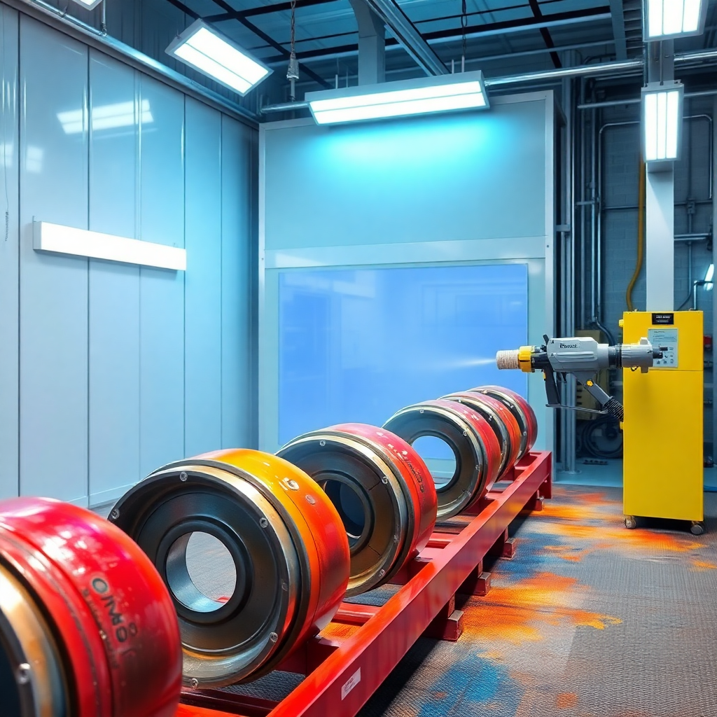 industrial powder coating facility, metal parts being painted, vibrant color spray booth, automated coating line, professional finishing process