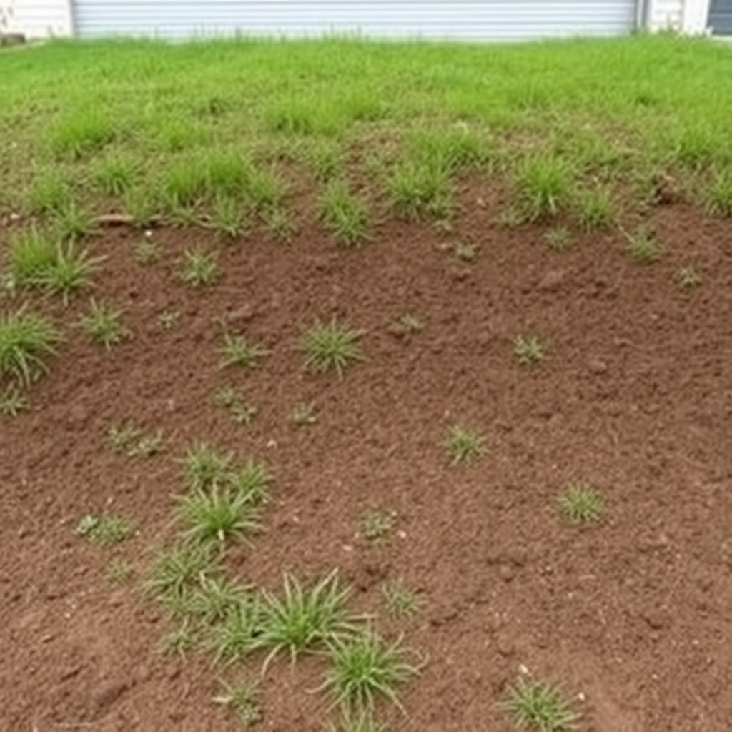 improperly prepared land for garage with uneven ground, grass and vegetation, poor foundation example, realistic photography
