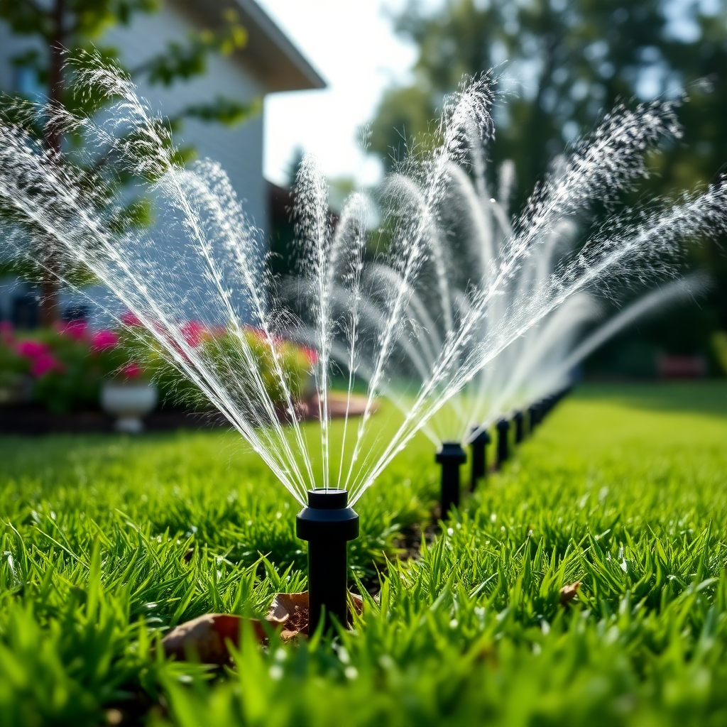 modern irrigation system sprinklers watering lawn, professional installation