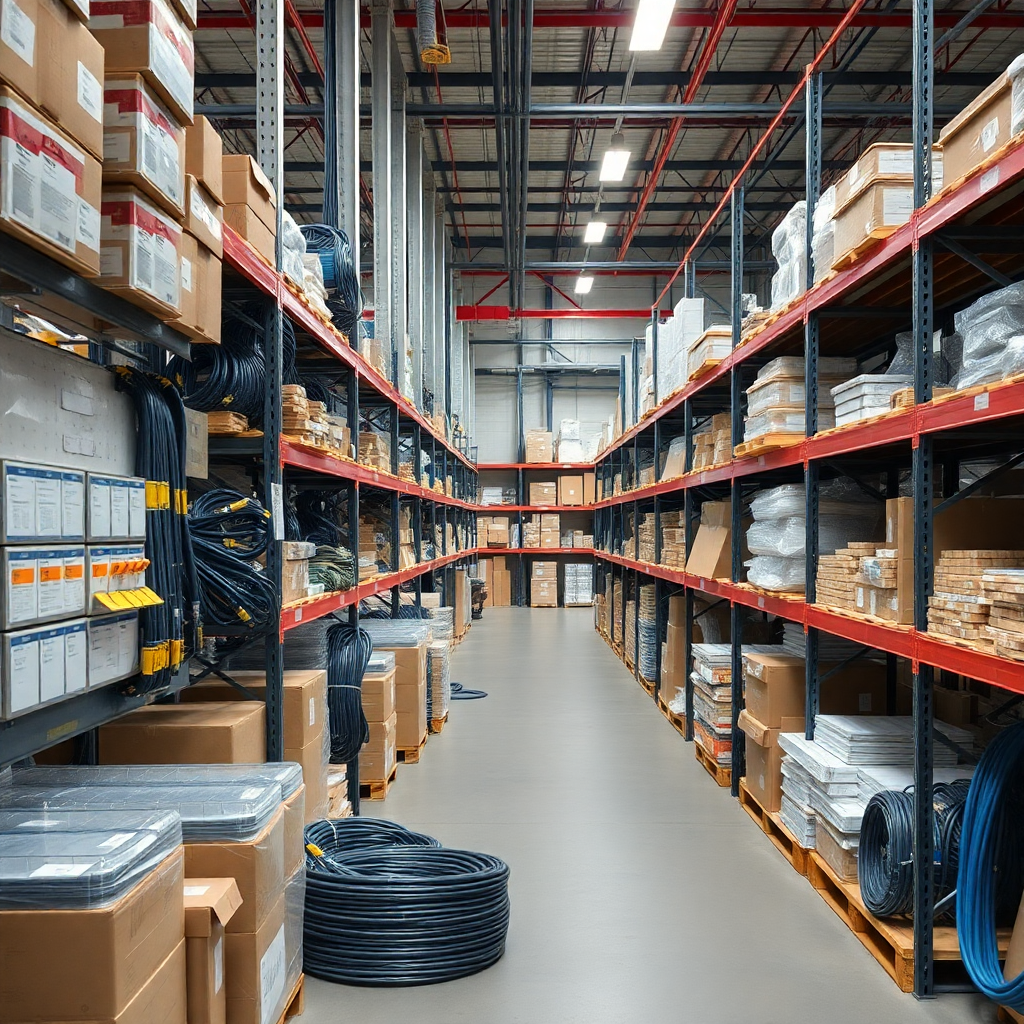 warehouse facility with organized inventory of wiring components and materials