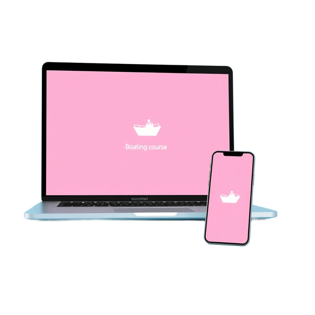 clean mockup of a laptop and mobile phone showing a modern boating course interface with a boat icon and checkmark, light blue background, professional e-learning style