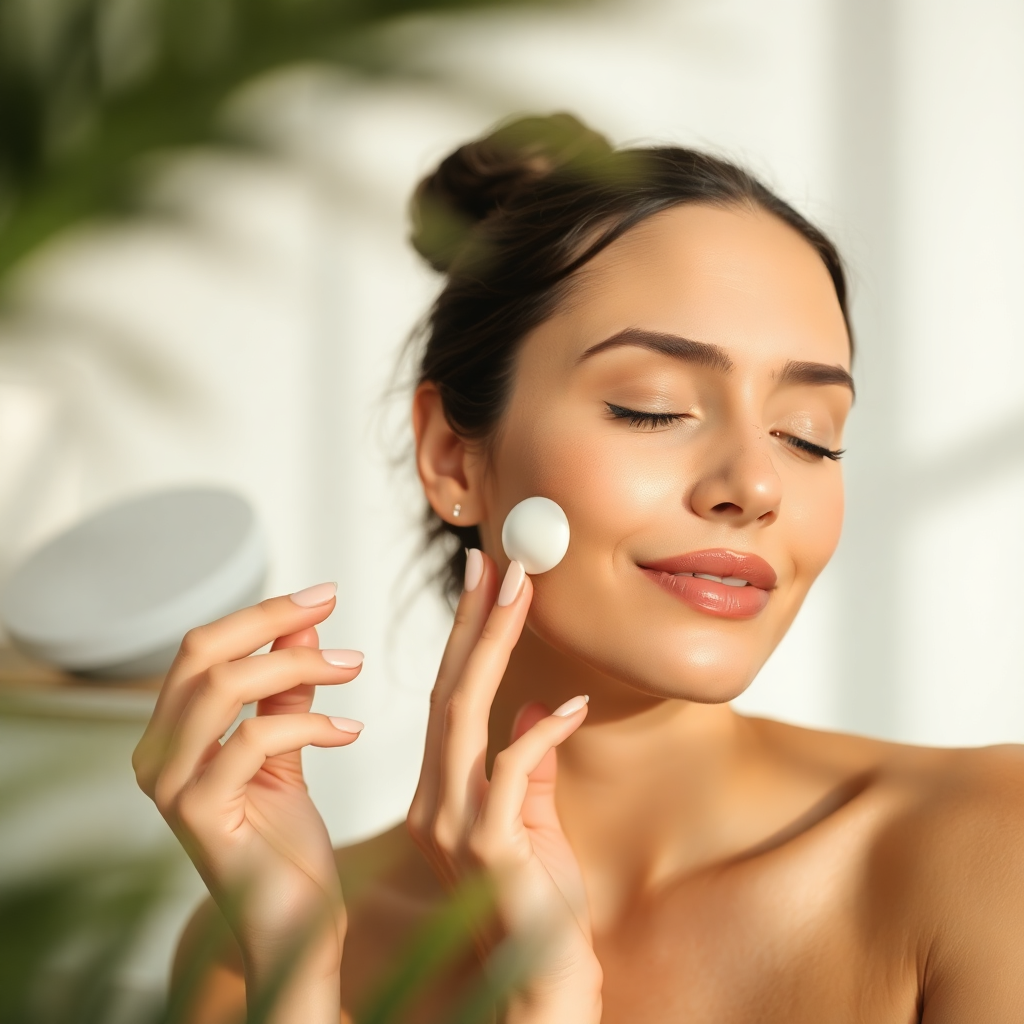 woman applying skincare serum, natural beauty, minimal aesthetic, soft lighting, peaceful expression