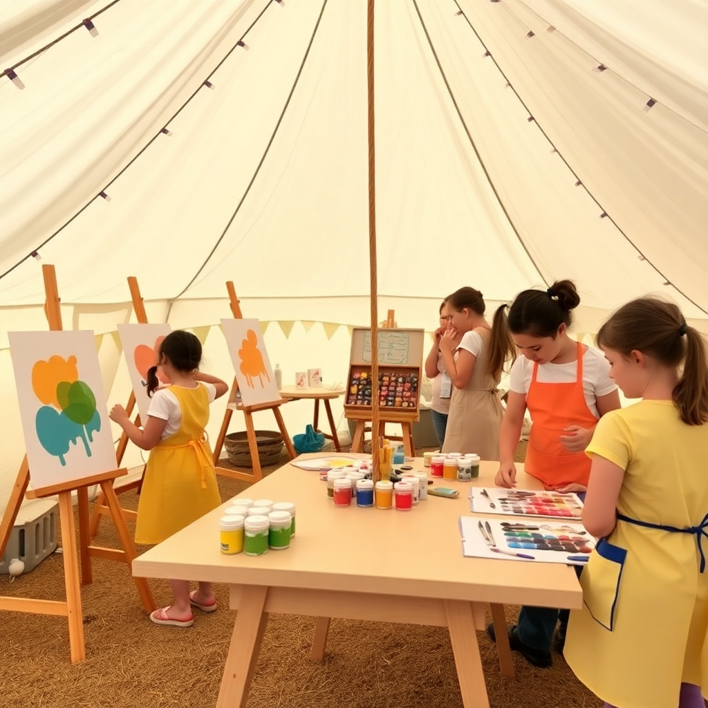 art workshop in teepee tent, easels, paints, coordinated aprons, creative laboratory for kids, artistic setup
