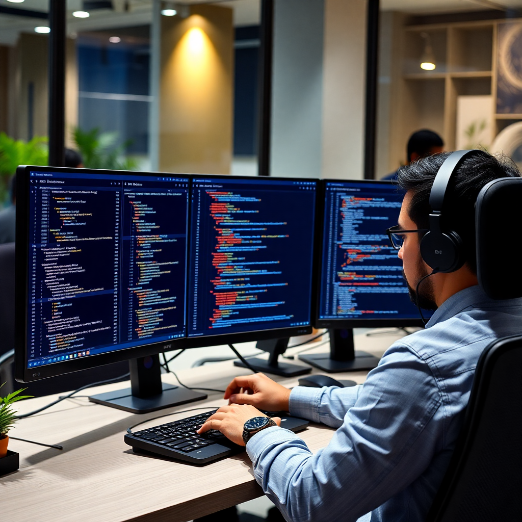 developer working on code, modern office environment, multiple monitors showing Odoo interface, professional programming setup