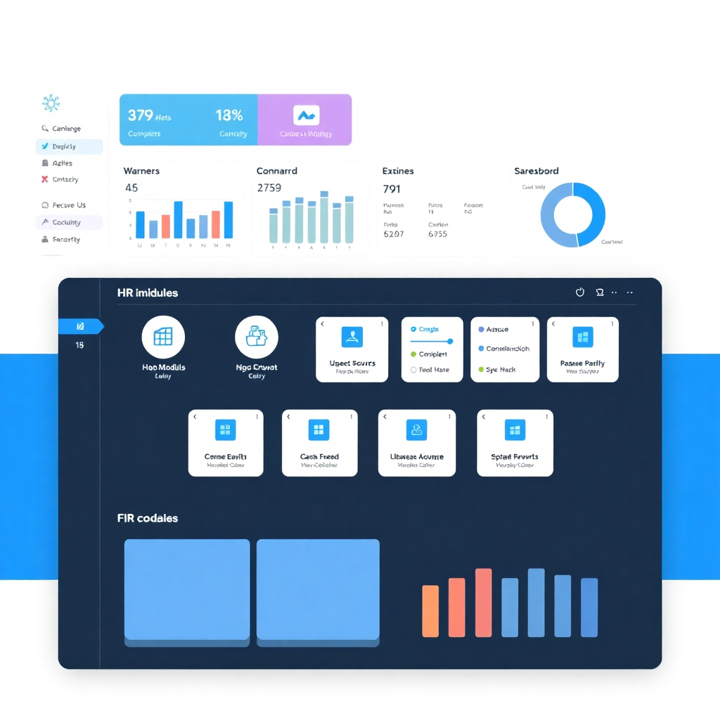 unified dashboard showing all HR modules connected, centralized system interface, modern clean design with blue accents