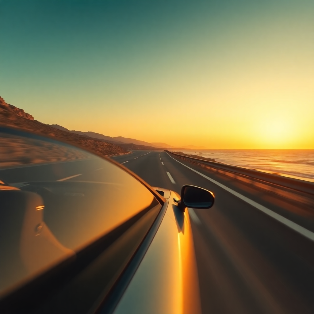cinematic golden hour coastal drive luxury car blurred motion scenic ocean road warm lighting high end editorial photography 8k