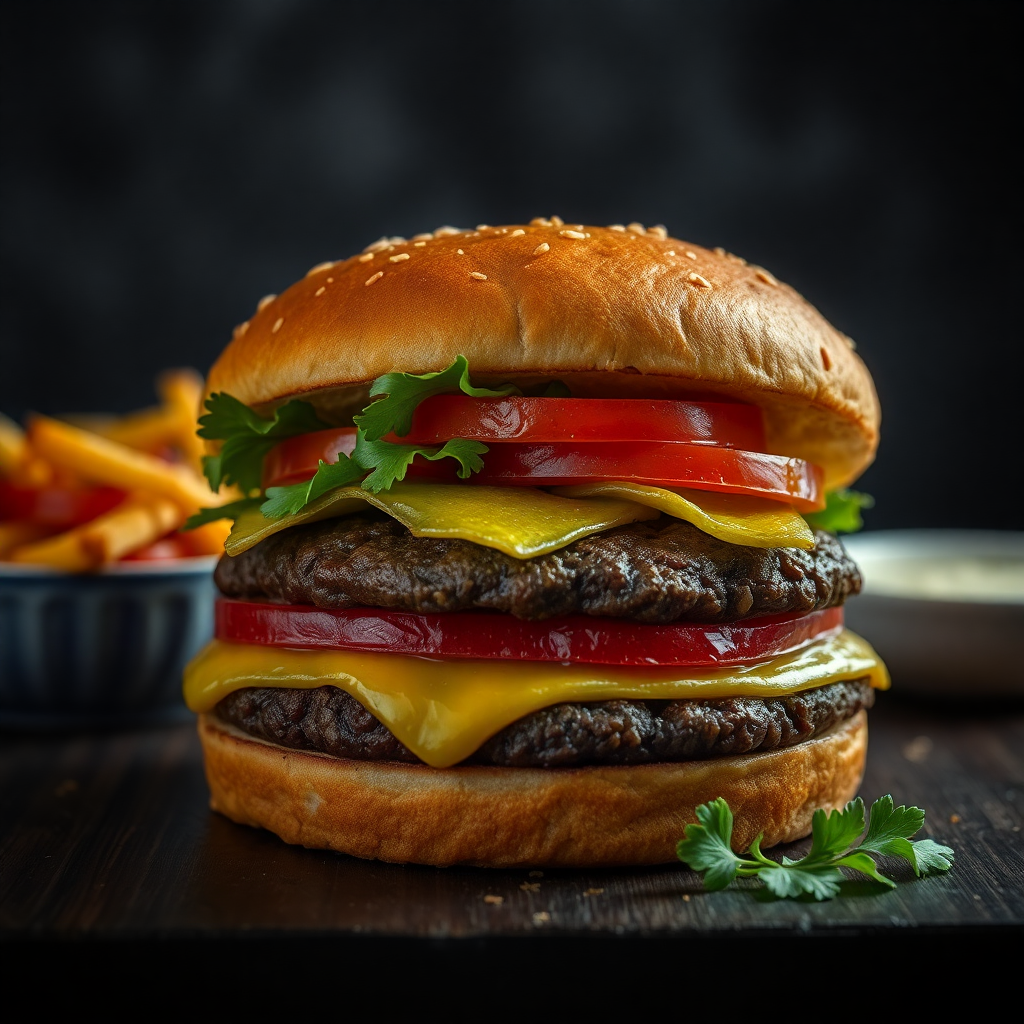 Burger ingredients close up dark moody