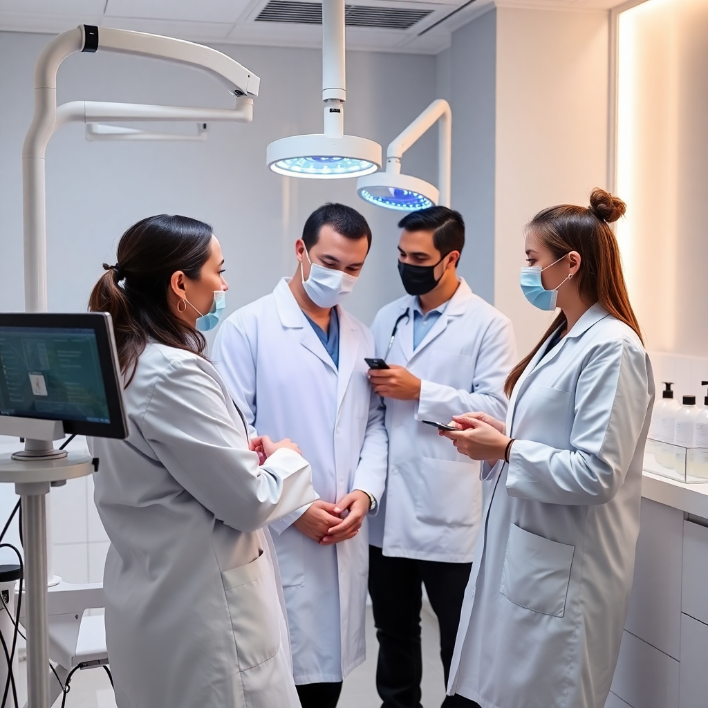 group of aesthetic medicine doctors in white lab coats working together in modern medical laboratory with professional equipment