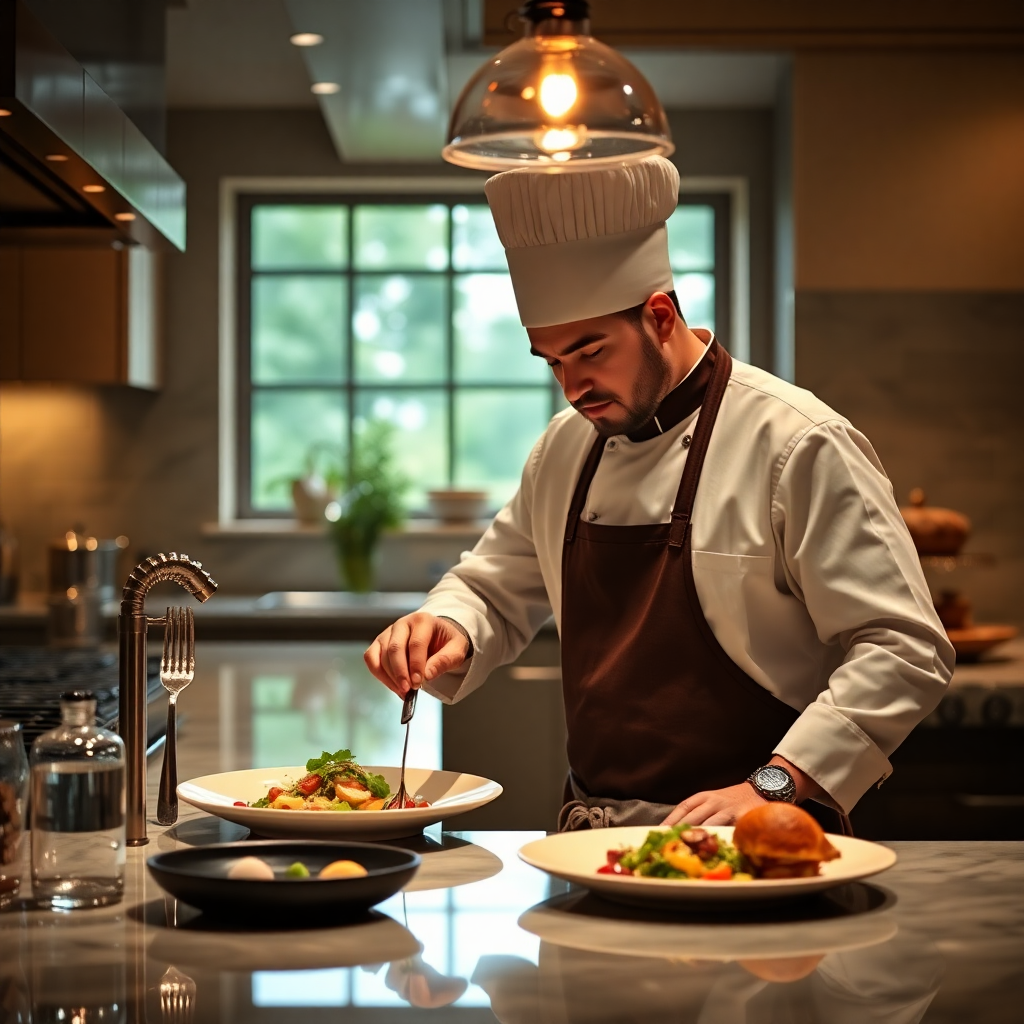 personal chef preparing gourmet meal in luxury kitchen, cinematic lighting