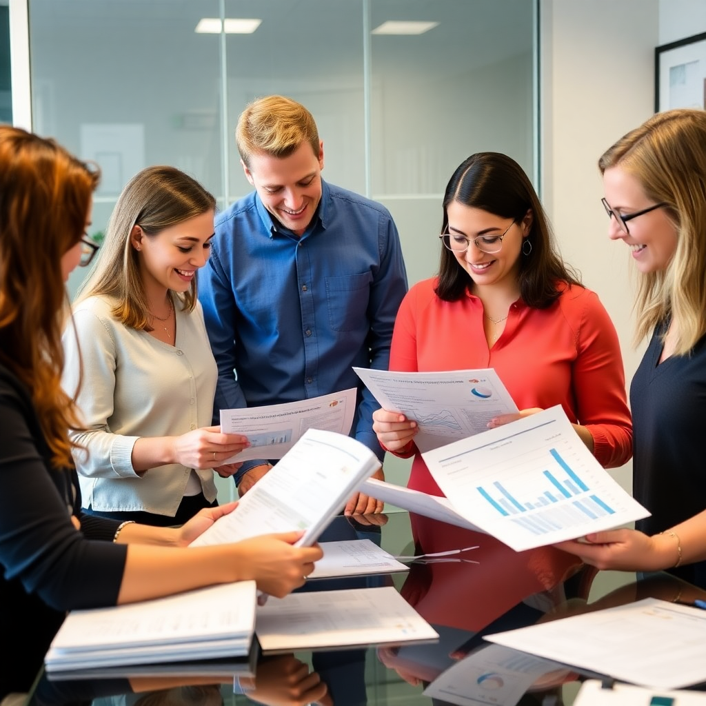 nonprofit team members reviewing annual reports and financial documents, professional office setting, transparency in action