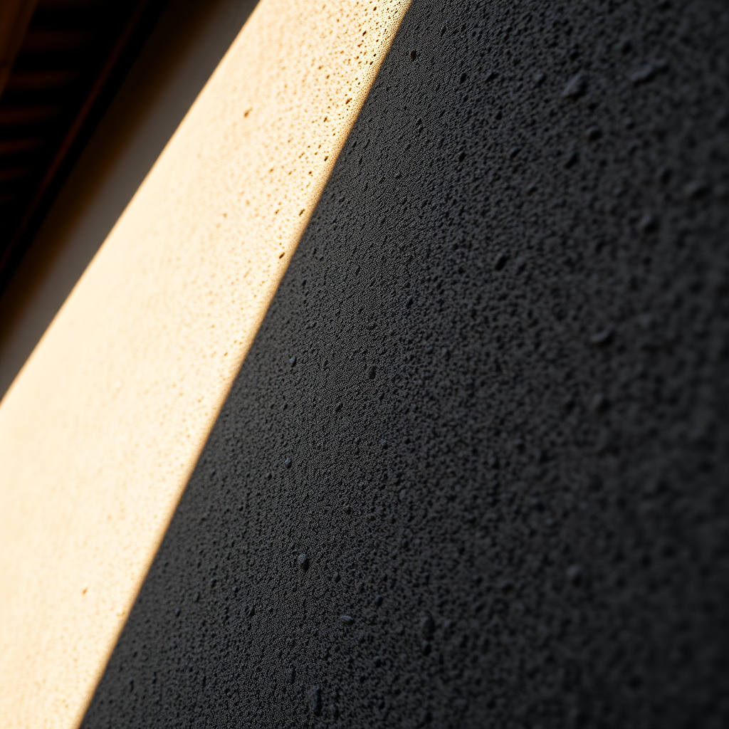 close up architectural detail Japanese house, rough concrete texture, thin line of sunlight cutting across wall, shadow and light contrast, macro photography, warm tones