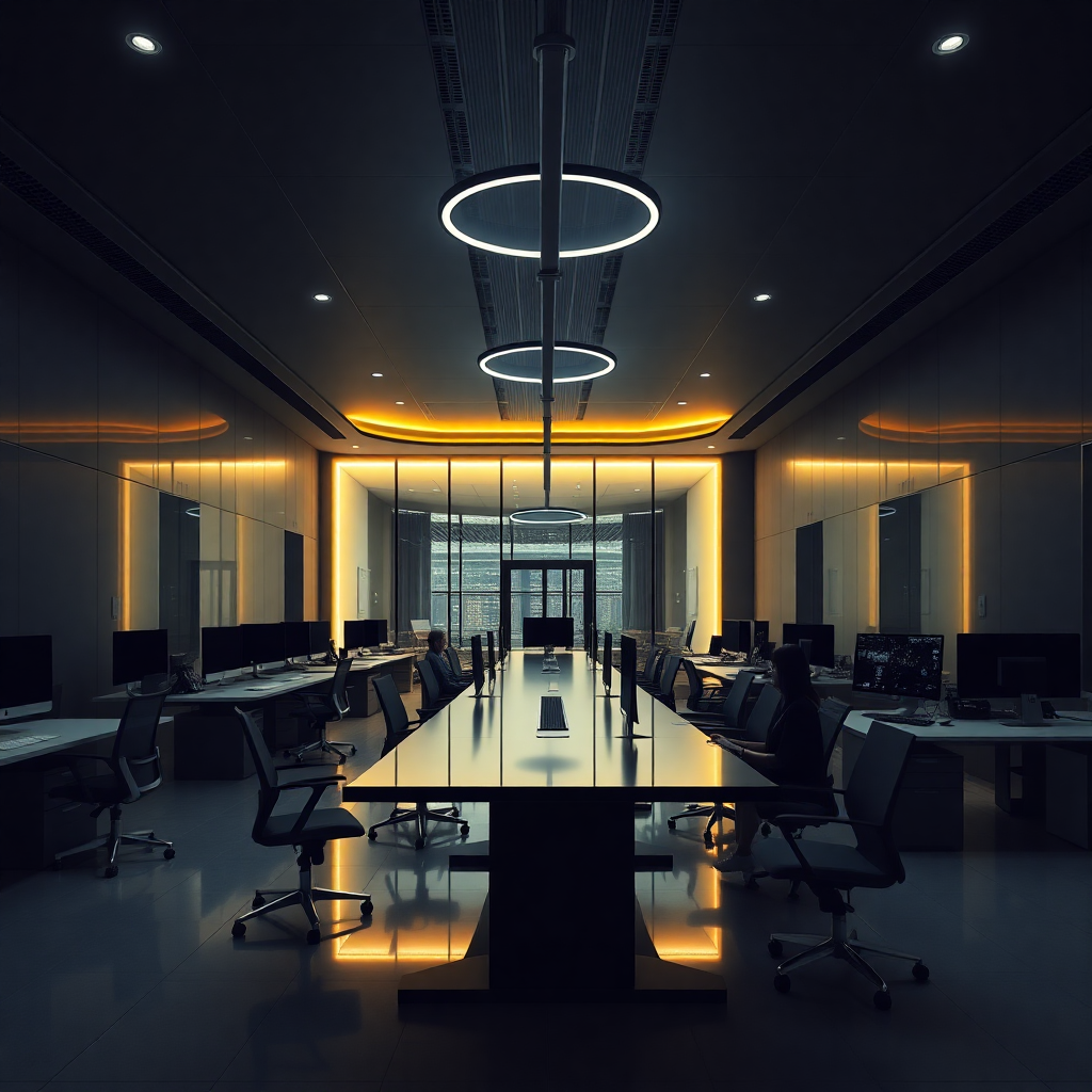 modern dark office interior without people, elegant workspace, futuristic technology company headquarters, neon yellow accent lighting, minimal luxury design