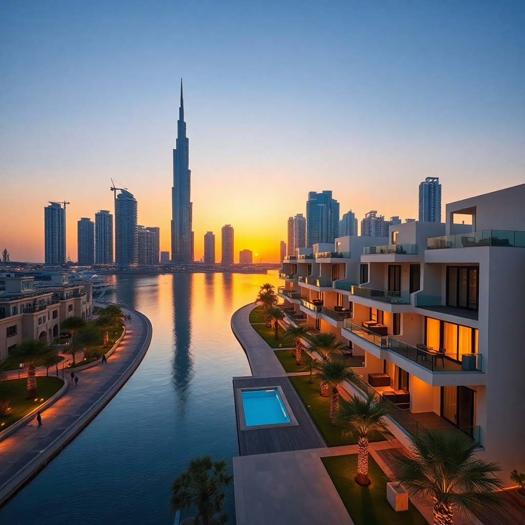Luxury Dubai skyline with Burj Khalifa and modern villas at sunset