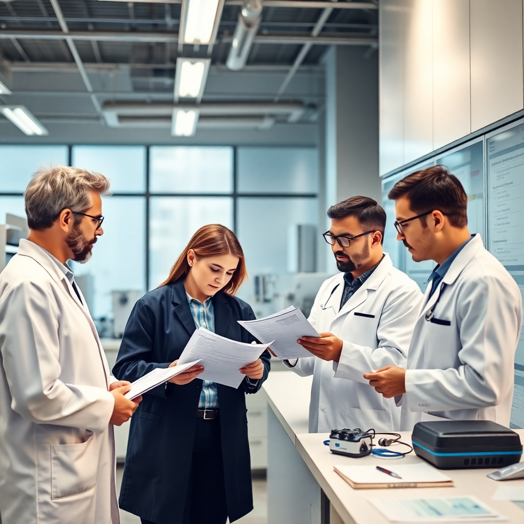 modern medical device lab environment with regulatory teams reviewing documents, engineers collaborating, quality professionals working with structured data in warm natural lighting, professional corporate setting