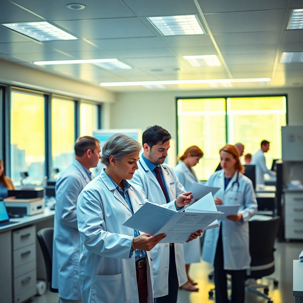 modern medical device lab environment with regulatory teams reviewing documents, engineers collaborating, quality professionals working with structured data in warm natural lighting, professional corporate setting