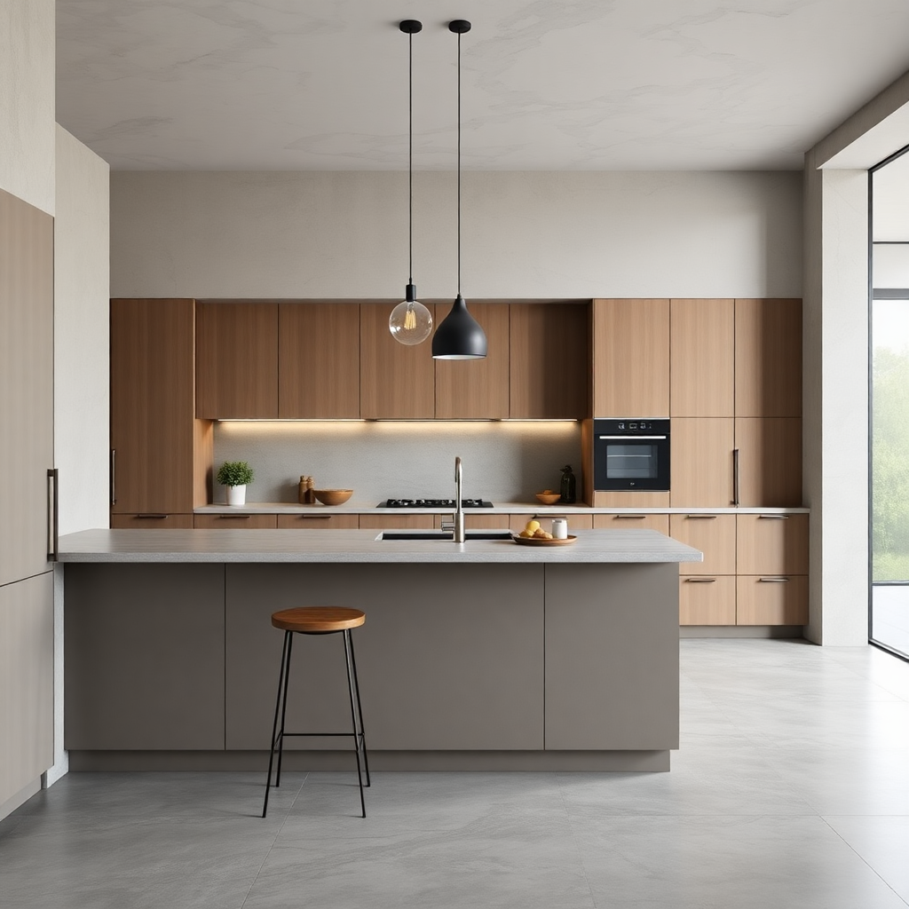 modern kitchen with concrete effect tiles, minimalist cabinets, pendant lighting