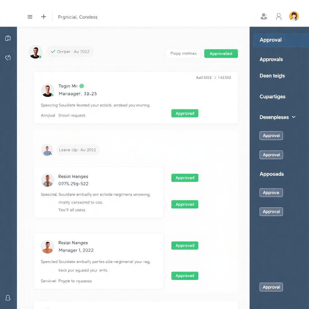 approval workflow dashboard showing leave request status, manager notifications, modern UI with green checkmarks and approval buttons