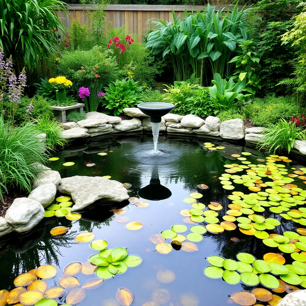Tranquil garden pond with water feature and aquatic plants