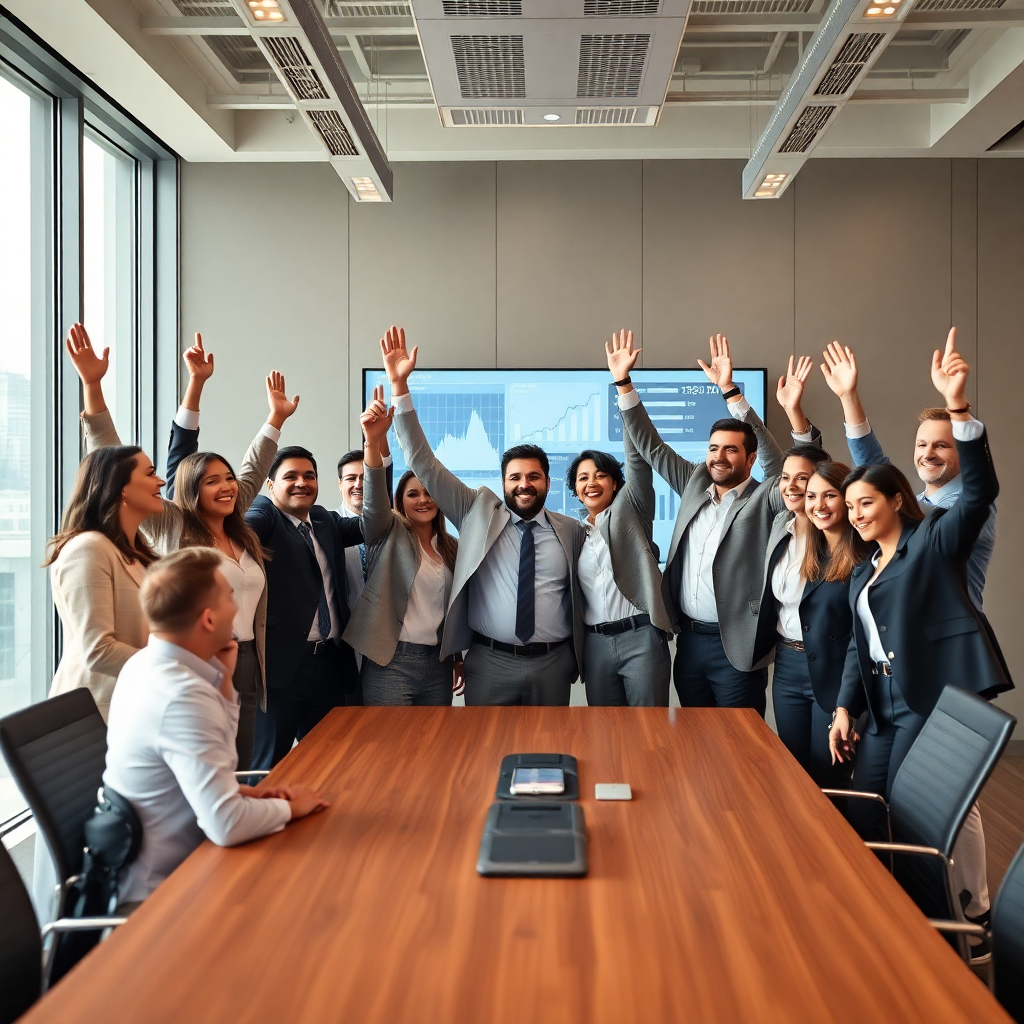 financial services team celebrating success in modern corporate boardroom with data visualization screens, professional business attire, diverse team, bright natural lighting, photorealistic
