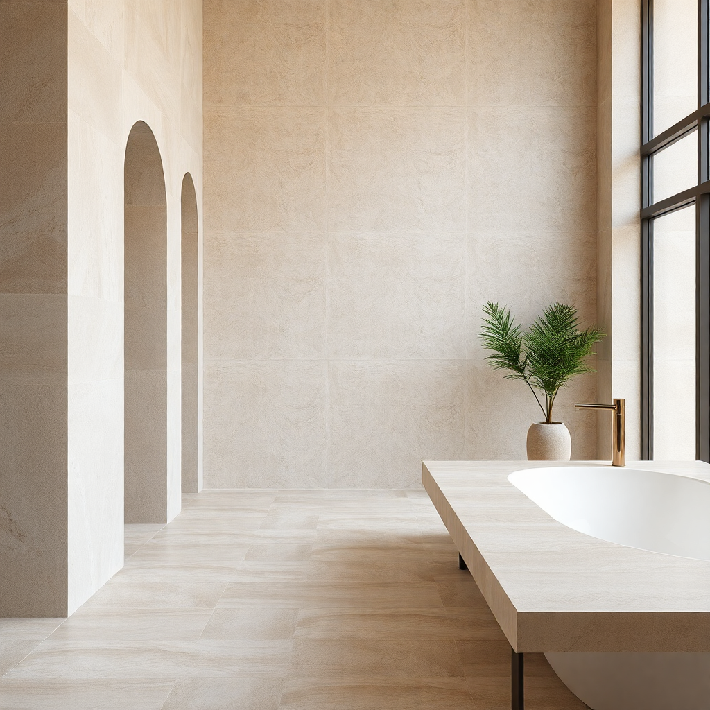 stone effect tiles in modern interior, natural limestone texture, editorial style