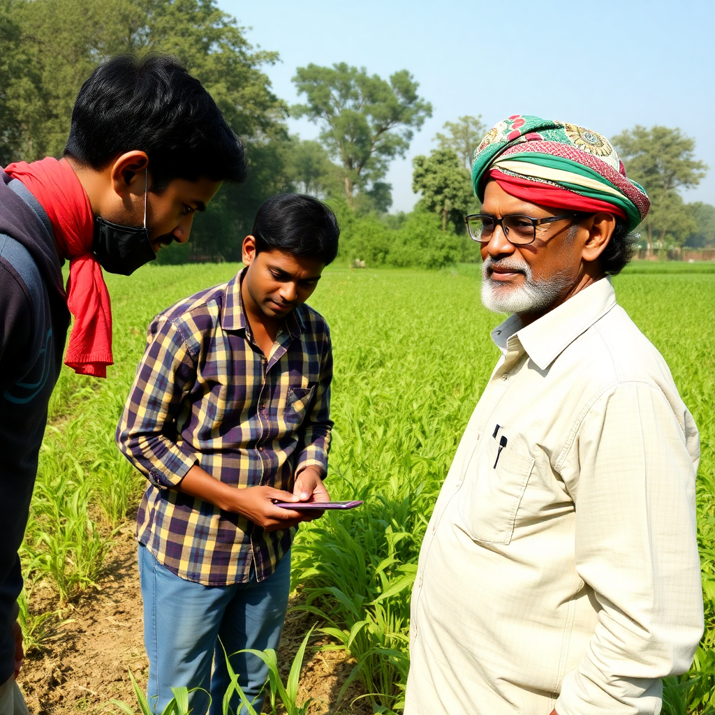 modern agricultural consulting team working with farmers in rajasthan fields