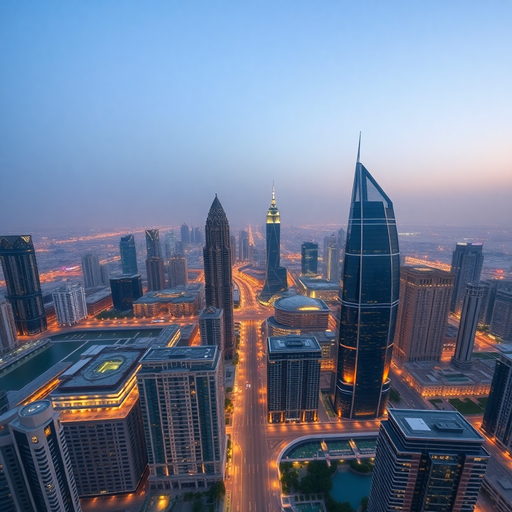 DIFC Dubai aerial view video thumbnail, modern financial district skyline, cinematic quality