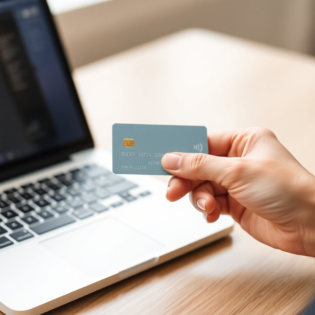 hand holding credit card near laptop, online payment concept, bright clean