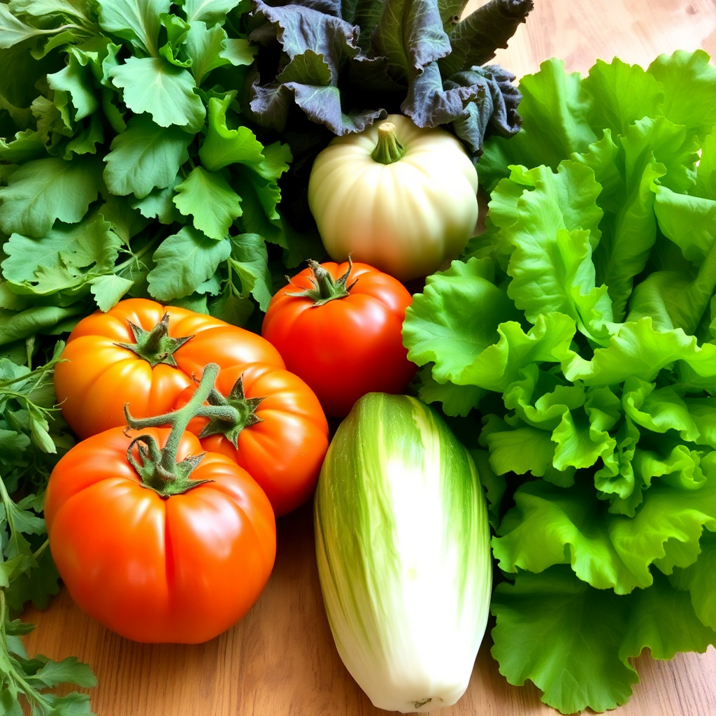 fresh organic vegetables including heirloom tomatoes and crisp lettuce on a wooden table