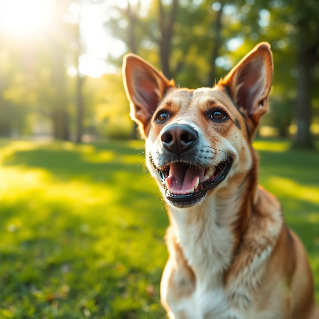 happy dog looking at camera in park sunlight, bright, friendly style