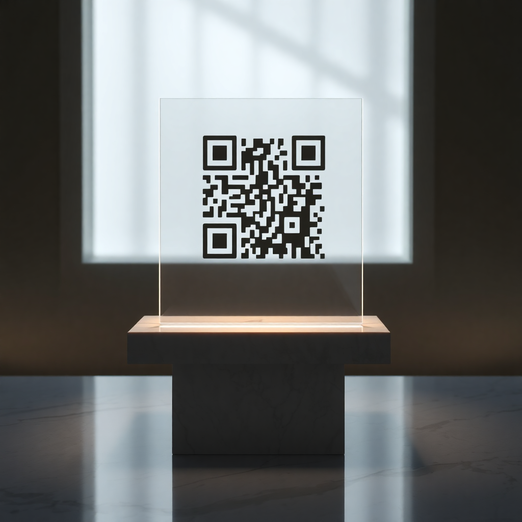 elegant QR code memorial product on marble stand, soft lighting, minimalist design, emotional product photography