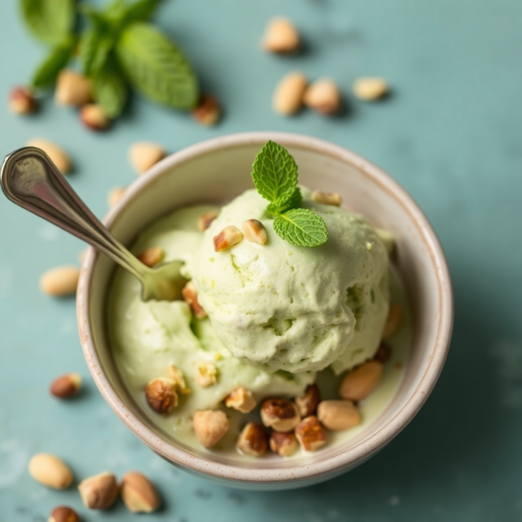 scoop of pistachio mint ice cream with crushed nuts